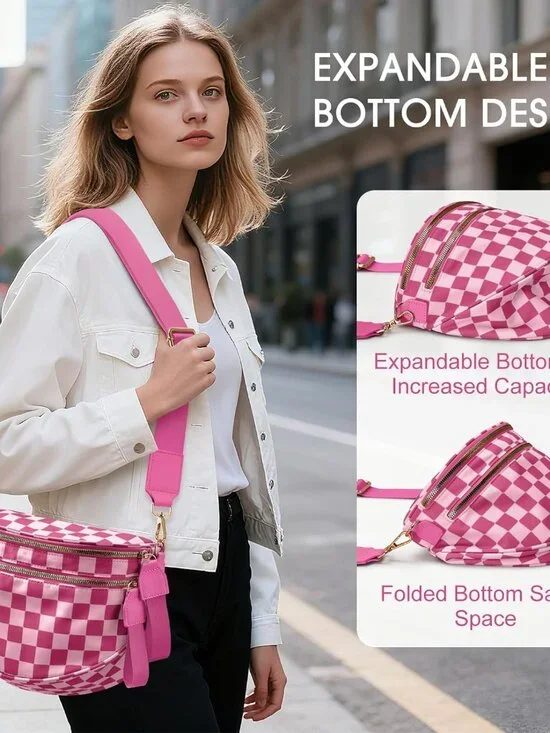 Women's Rose Bum Bag Spacious Nylon Checkered Shoulder Crossbody Bag - Picture 6 of 6